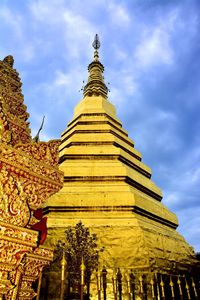 Low angle view of temple against building