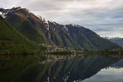 Panoramic view of lake and mountains against sky