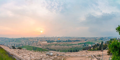 High angle view of landscape against sky during sunset