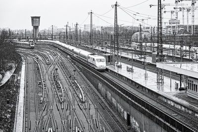 High angle view of railroad tracks against clear sky