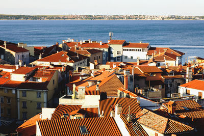 Red roofs of old town piran with main church against the sunrise sky, adriatic sea. slovenia