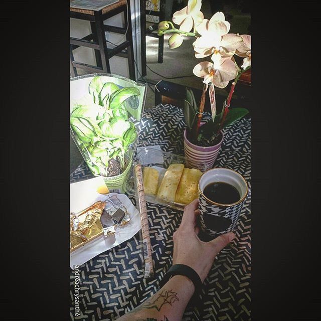 indoors, table, flower, still life, high angle view, freshness, vase, chair, home interior, potted plant, coffee cup, absence, no people, drink, food and drink, book, close-up, tablecloth, empty, day