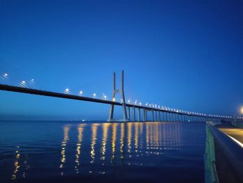 Bridge over calm river against blue sky