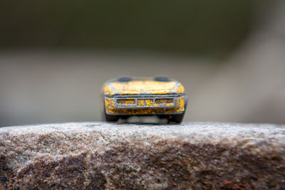 Close-up of rusty toy car on rock