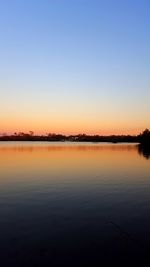 Scenic view of lake against clear sky during sunset