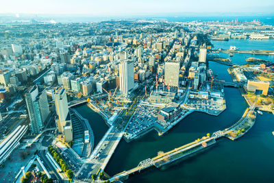 Aerial view of cityscape and river