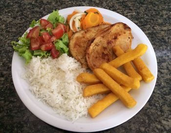 Close-up of food served on table