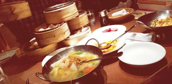 High angle view of meal served in restaurant