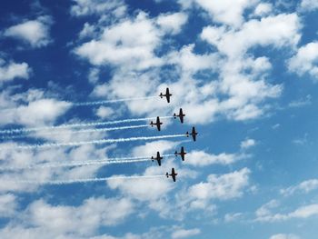 Directly below shot of airshow against cloudy sky