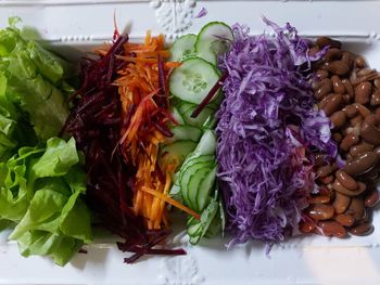 High angle view of chopped vegetables in plate