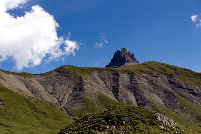 Low angle view of rocky mountain against sky