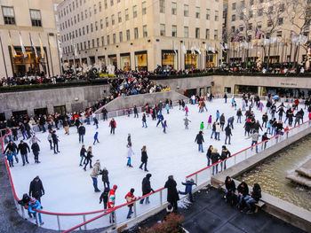 High angle view of people in city during winter