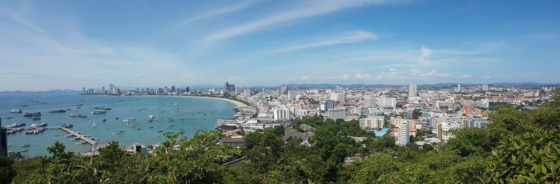 High angle view of buildings and sea against sky