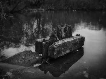 Reflection of rocks on water at lakeshore