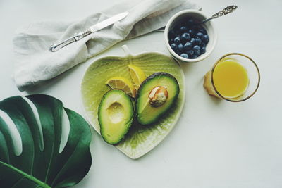 High angle view of breakfast on table