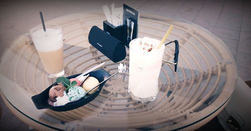 High angle view of drink on table