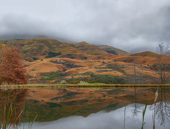 Scenic view of lake and mountains against sky