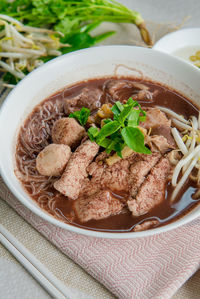 High angle view of meat in bowl