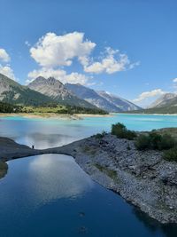 Scenic view of lake against blue sky
