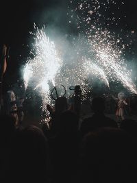 People watching firework display at night