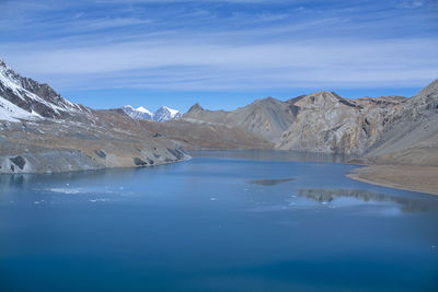 Scenic view of lake and mountains against sky