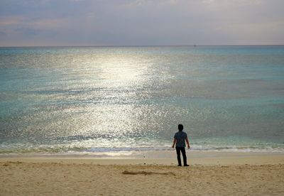 Rear view of man looking at sea against sky