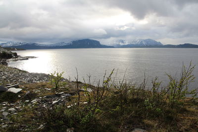 Scenic view of lake against cloudy sky