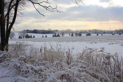 Snow covered landscape against cloudy sky