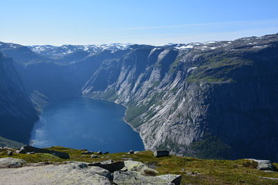 Panoramic view of sea and mountains against clear blue sky