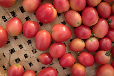 High angle view of tomatoes in basket for sale in market