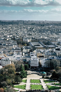 High angle view of buildings against sky