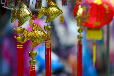 Close-up of decoration hanging outside temple