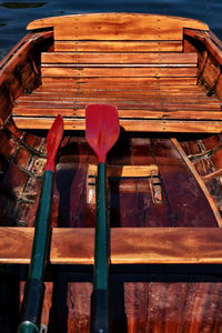 High angle view of chairs on table