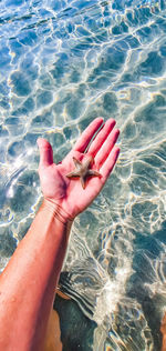 Low section of person hand in swimming pool