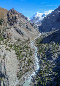 Scenic view of stream amidst rocky mountains against sky