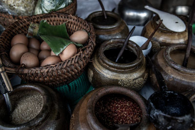 High angle view of vegetables in basket for sale