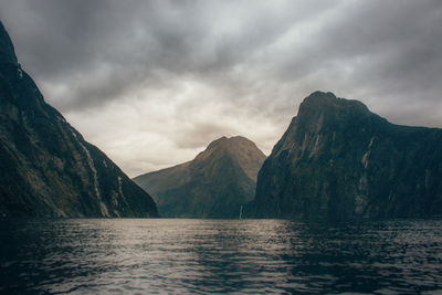 Scenic view of lake and mountains against sky