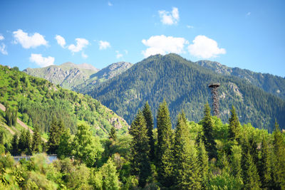 Scenic view of trees and mountains against sky