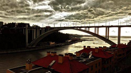 Bridge over river against cloudy sky