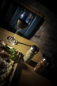 High angle view of wine bottles on table