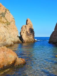 Rock formations in sea against clear blue sky