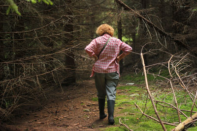 Rear view of man walking in forest