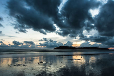 Scenic view of lake against dramatic sky