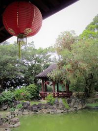 Illuminated lantern by building against trees