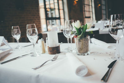 View of wine glasses on table at restaurant