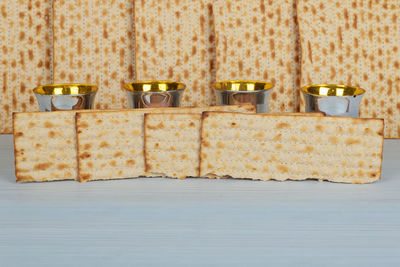 Close-up of food on table against wall