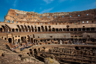 View of the seating areas and the hypogeum of the ancient colosseum in rome