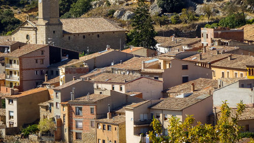 High angle view of buildings in town