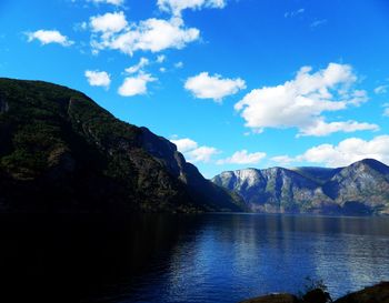 Scenic view of lake by mountains against sky