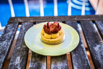 Close-up of dessert served on table